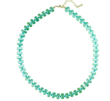 Aqua turquoise beaded necklace with gold-tone chain, single strand view