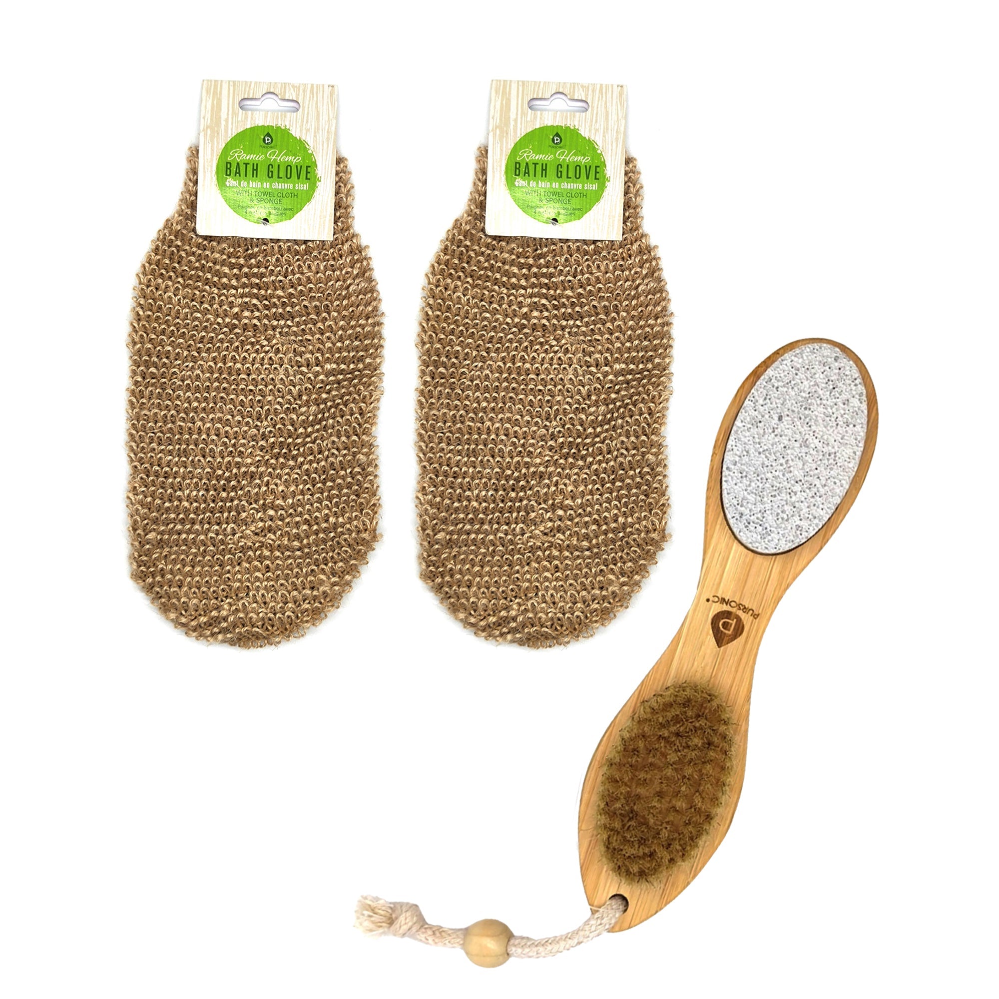 Natural sisal hemp bath gloves (pack of 2) with wooden foot scrubber brush