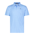 Men's light-blue striped performance polo with buttoned collar and small chest logo