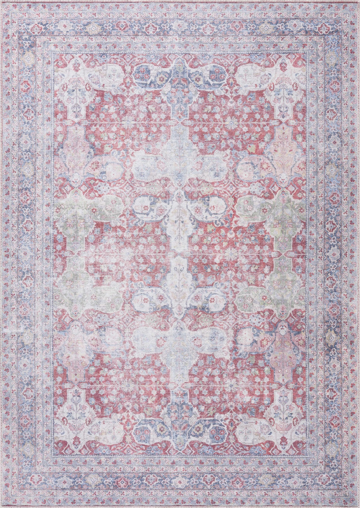 Vintage area rug with blush, sage, and navy ornate medallion patchwork pattern