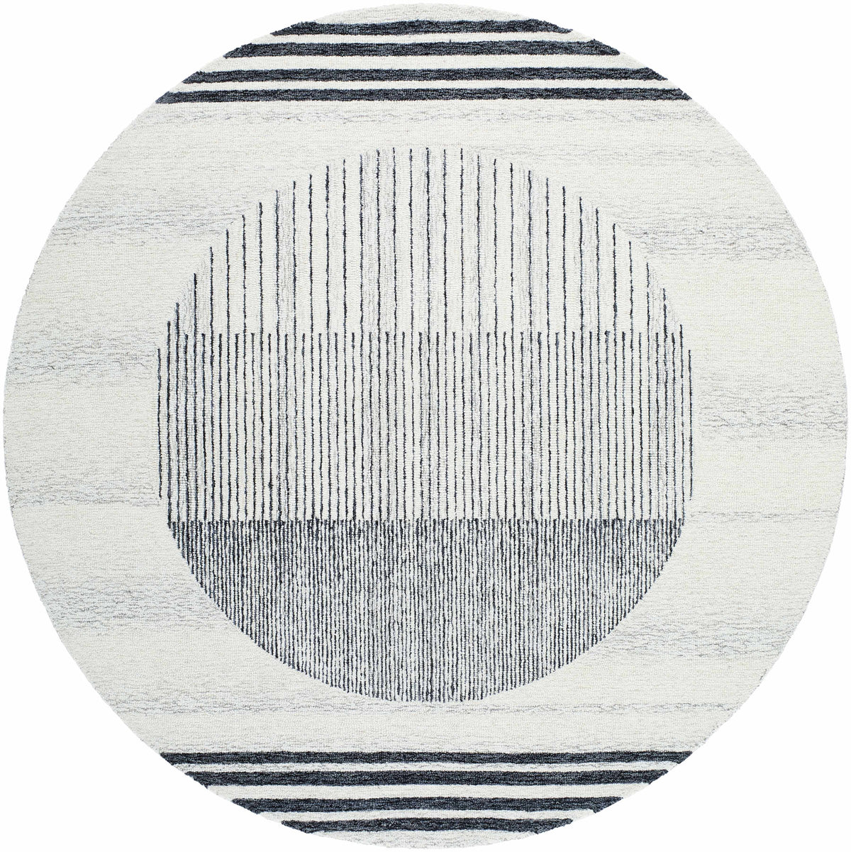 Round area rug, cream with charcoal vertical stripe circle motif and dark border