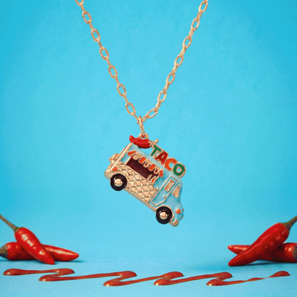 Gold taco truck locket necklace with taco truck charm and dangling mini bottle.