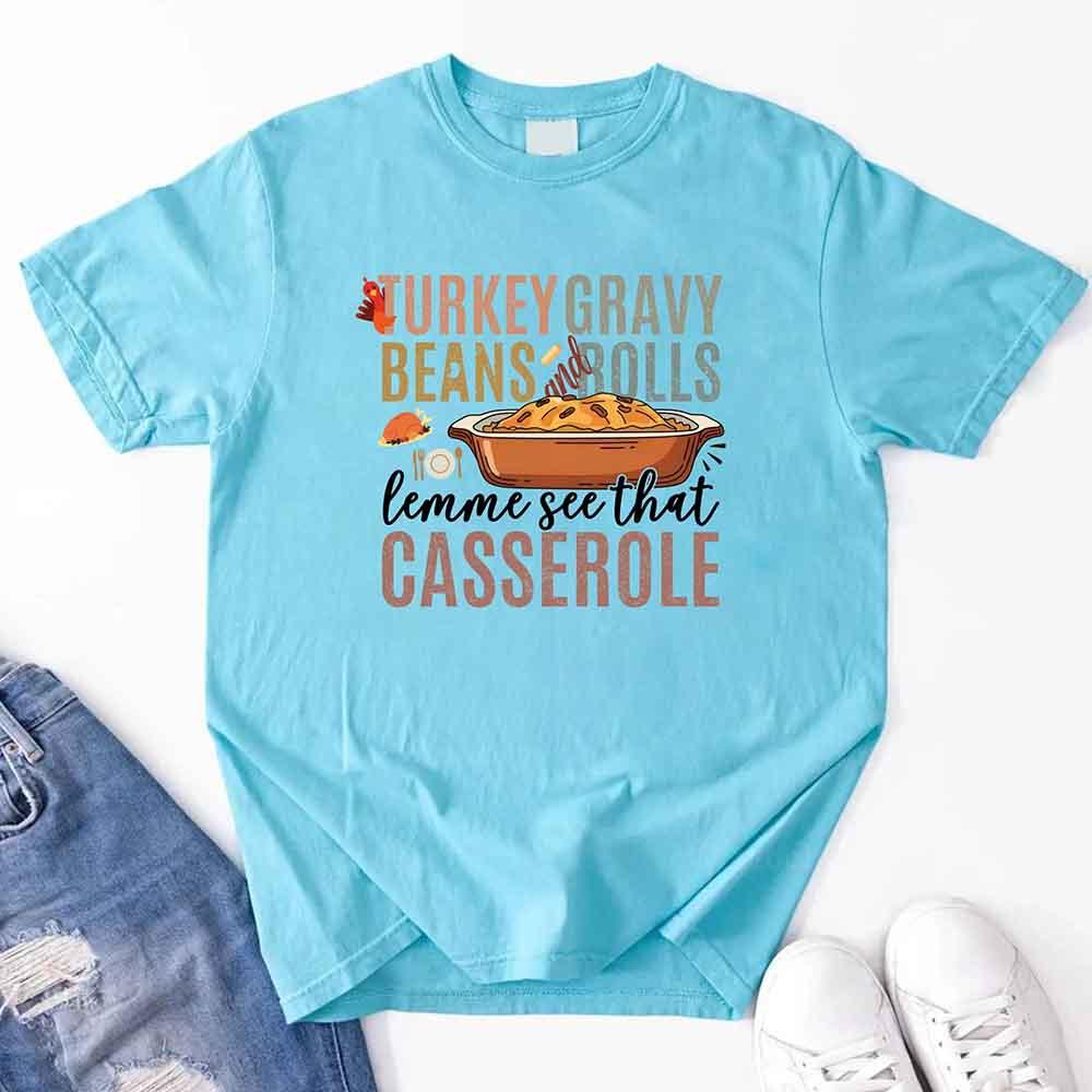Light blue Thanksgiving graphic t-shirt with turkey gravy beans and rolls casserole print