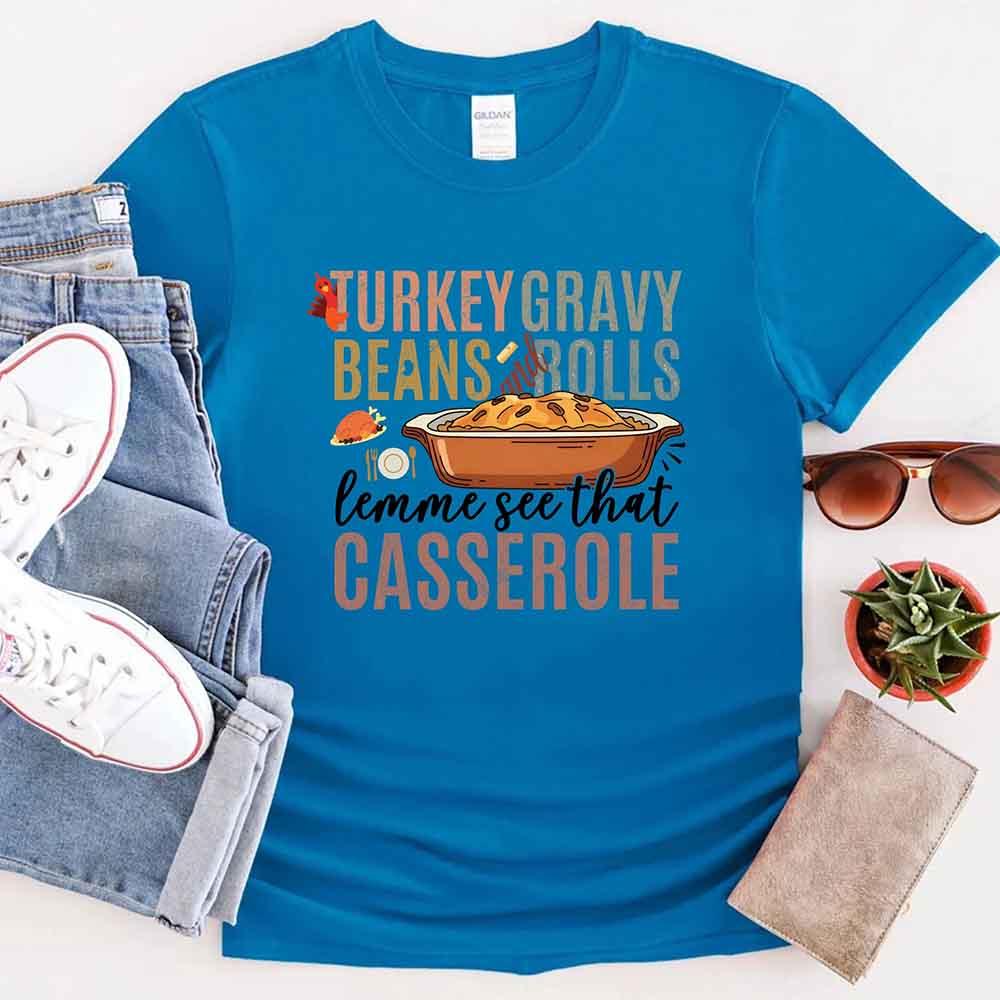 Blue Thanksgiving graphic t-shirt with turkey gravy beans and rolls casserole print