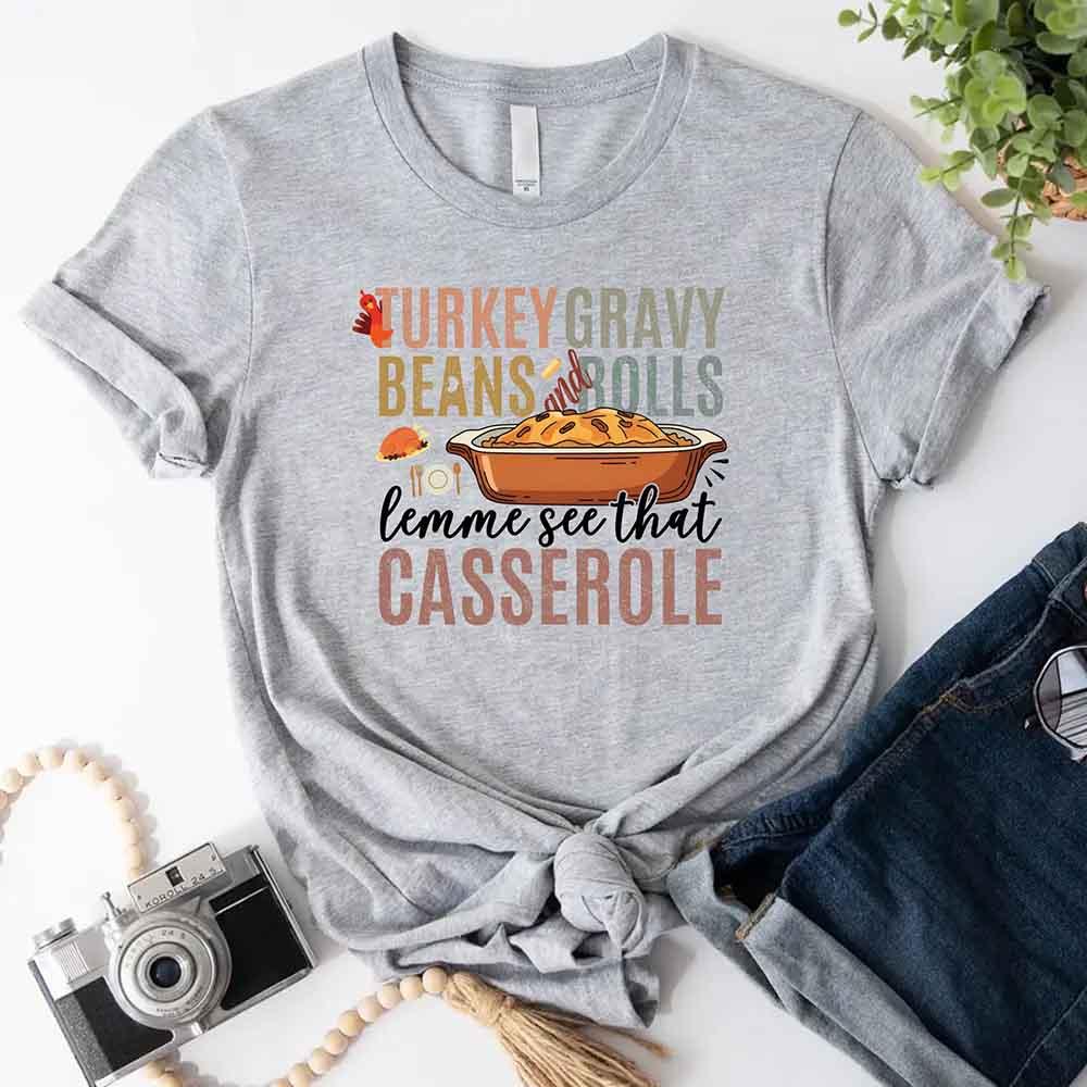 Heather gray crewneck T-shirt with colorful turkey beans and casserole front graphic
