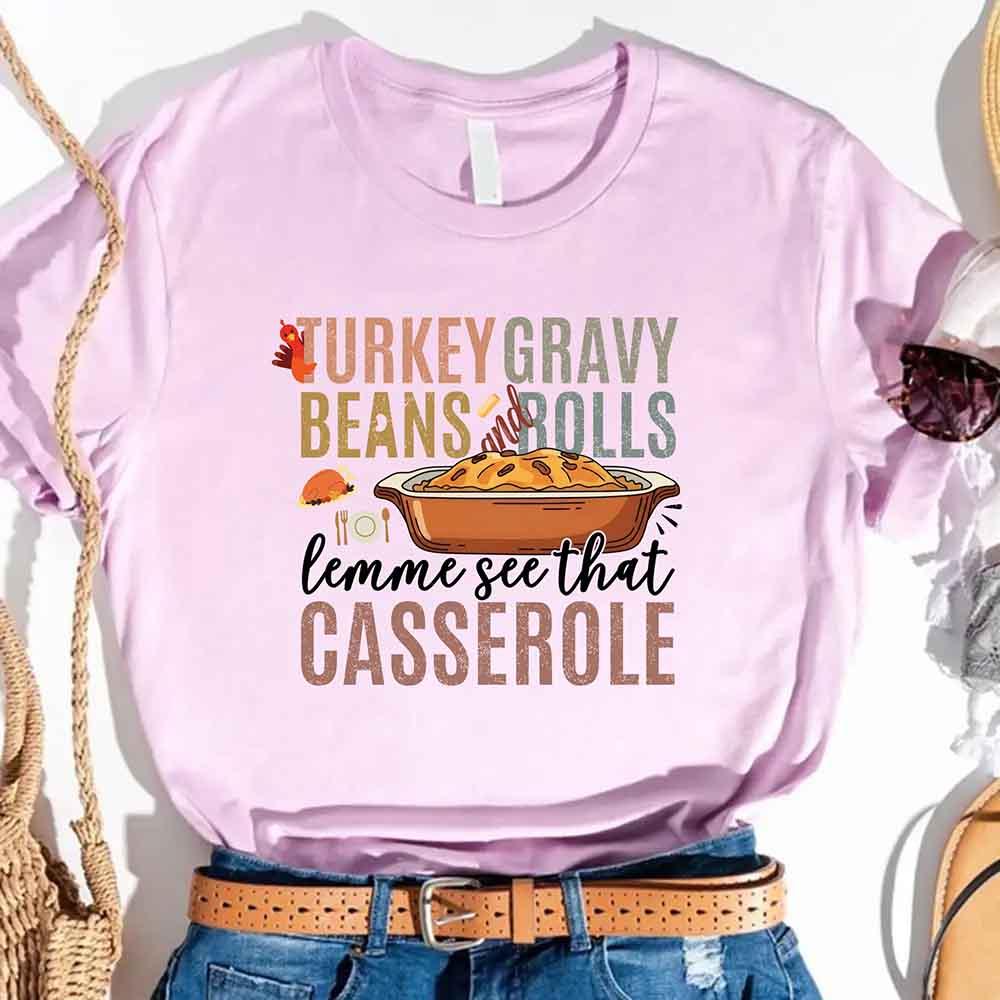 Lavender crewneck T-shirt with turkey gravy beans and casserole front design