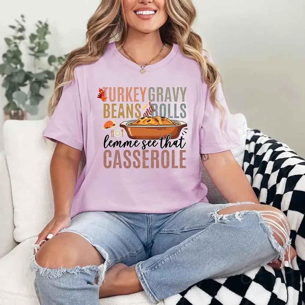 Lilac crewneck T-shirt with funny casserole graphic and bold text