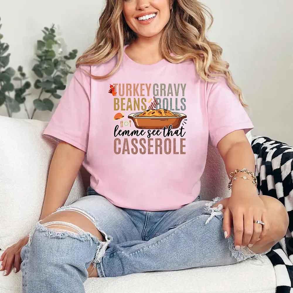 Pink crewneck T-shirt with funny casserole graphic on the front