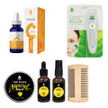 Beard care grooming kit bundle with serum bottle, balm tin, oil bottles, and micro needle roller