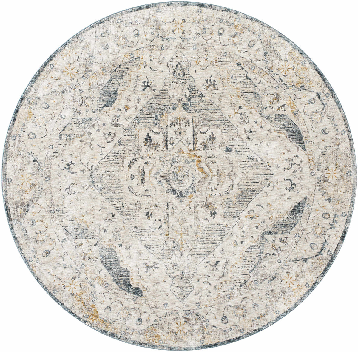 Round area rug with distressed medallion pattern in light gray and navy accents