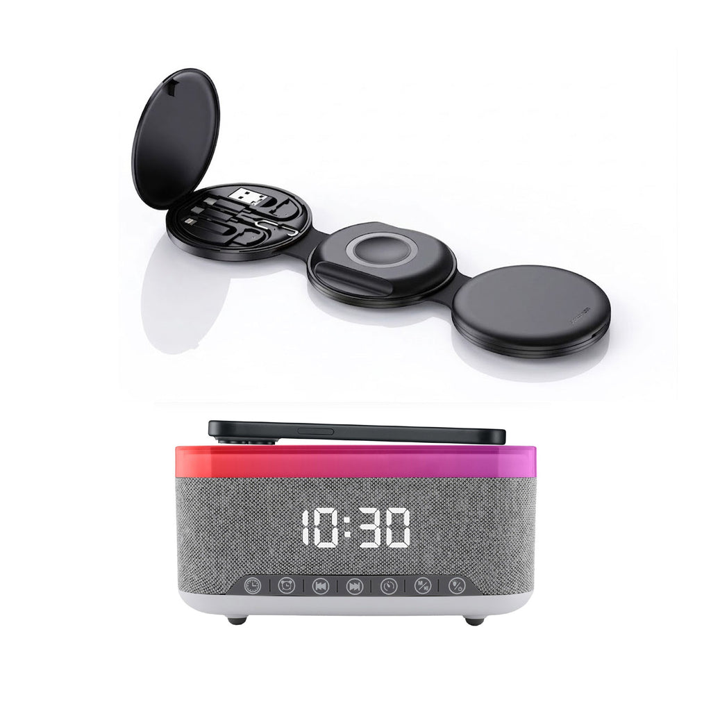 Pursonic 2-in-1 Tech Bundle – 5-in-1 Folding Wireless Charger & Bedside Alarm Clock