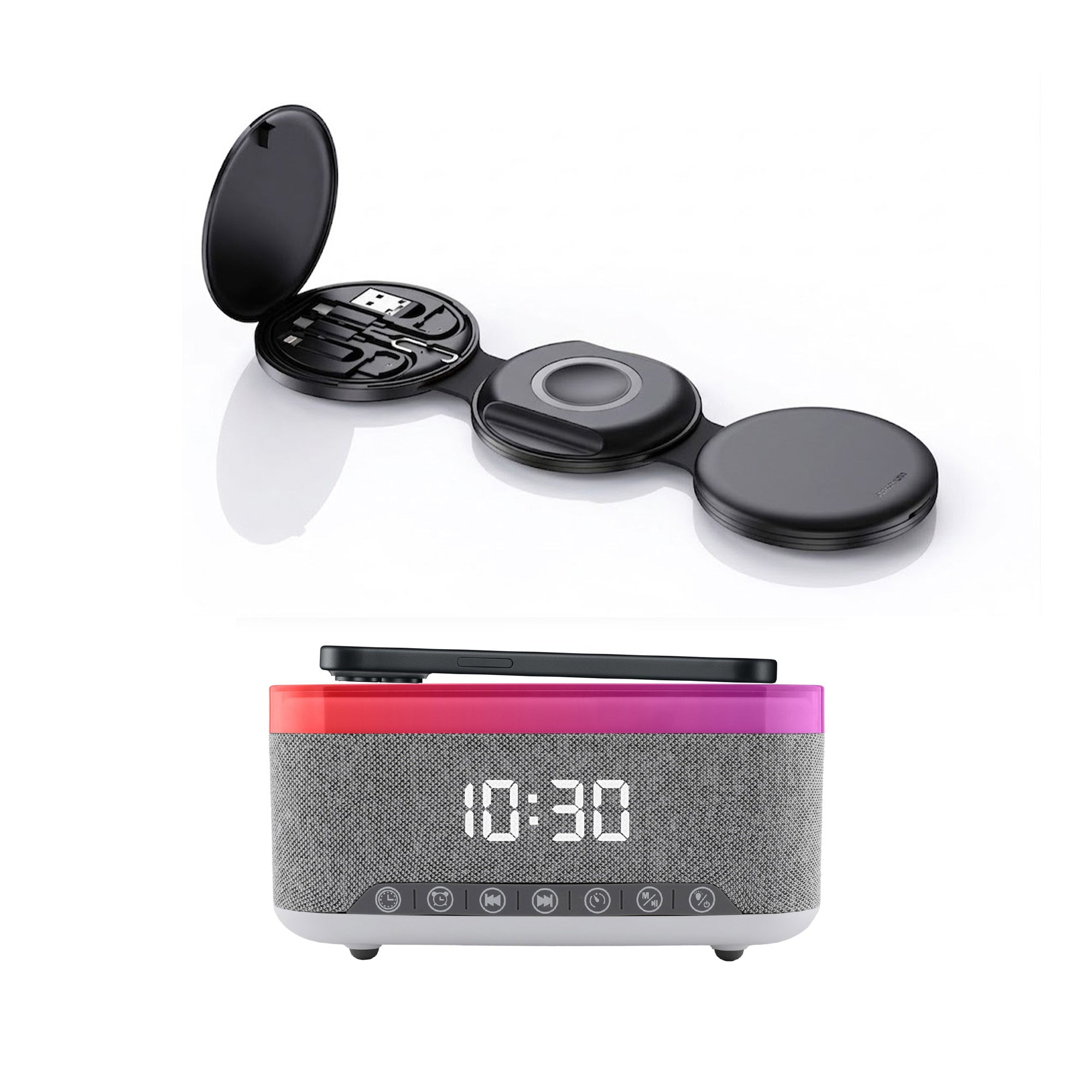 Pursonic 2-in-1 Tech Bundle – 5-in-1 Folding Wireless Charger & Bedside Alarm Clock