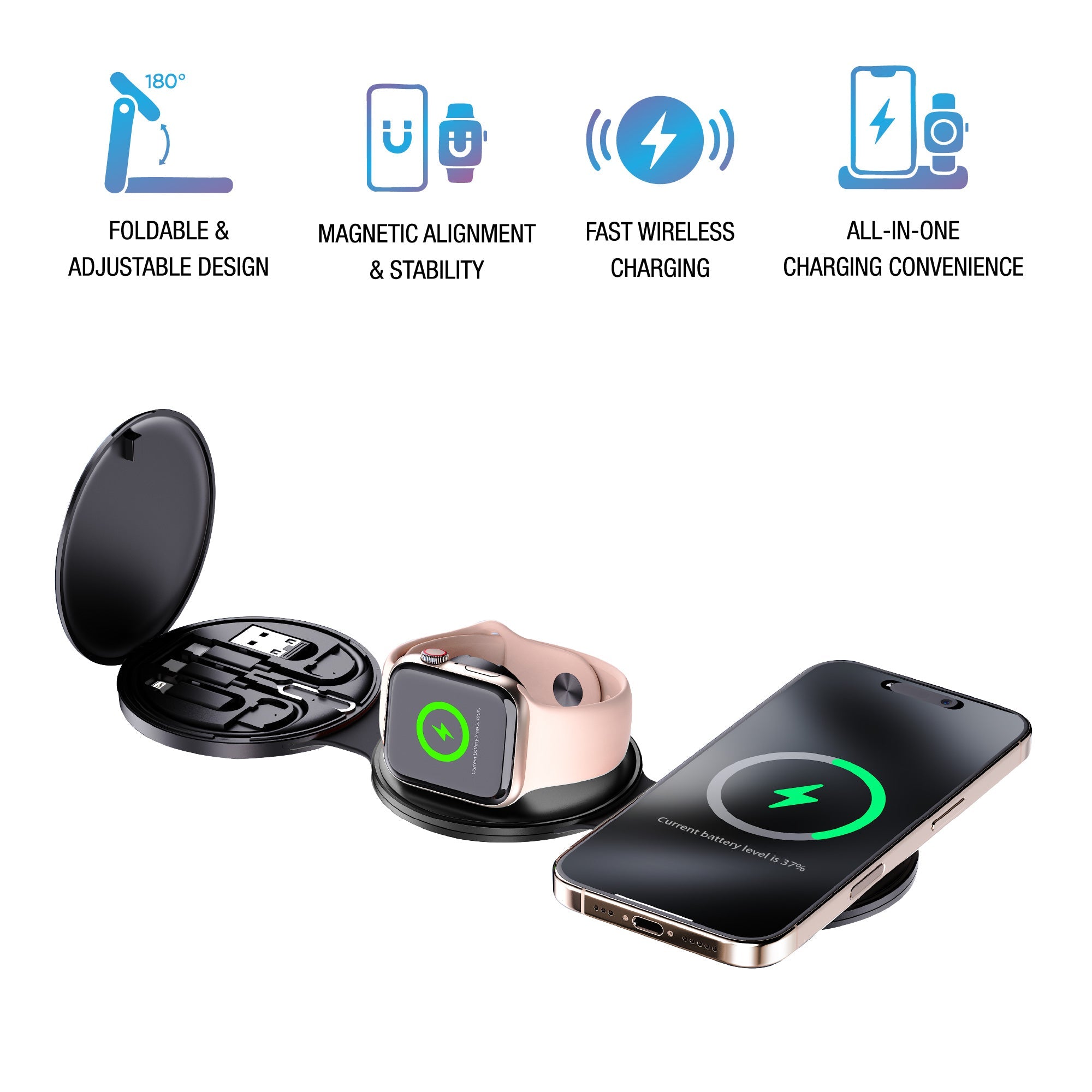 Pursonic 2-in-1 Tech Bundle – 5-in-1 Folding Wireless Charger & Bedside Alarm Clock