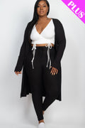 Ribbed long cardigan and leggings set in black with drawstring tie waistband