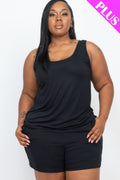 Black tank top and shorts set, sleeveless scoop neck with relaxed elastic waist