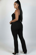 Black strapless tube top and high-waist flare pants set, side view
