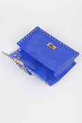 Blue transparent clutch with gold studs, square front flap and open top view