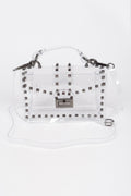 Clear transparent studded top-handle bag with hematite-toned hardware and chain strap