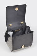 Rhinestone wrist band flap clutch open, black lining, gold hardware, silver mesh