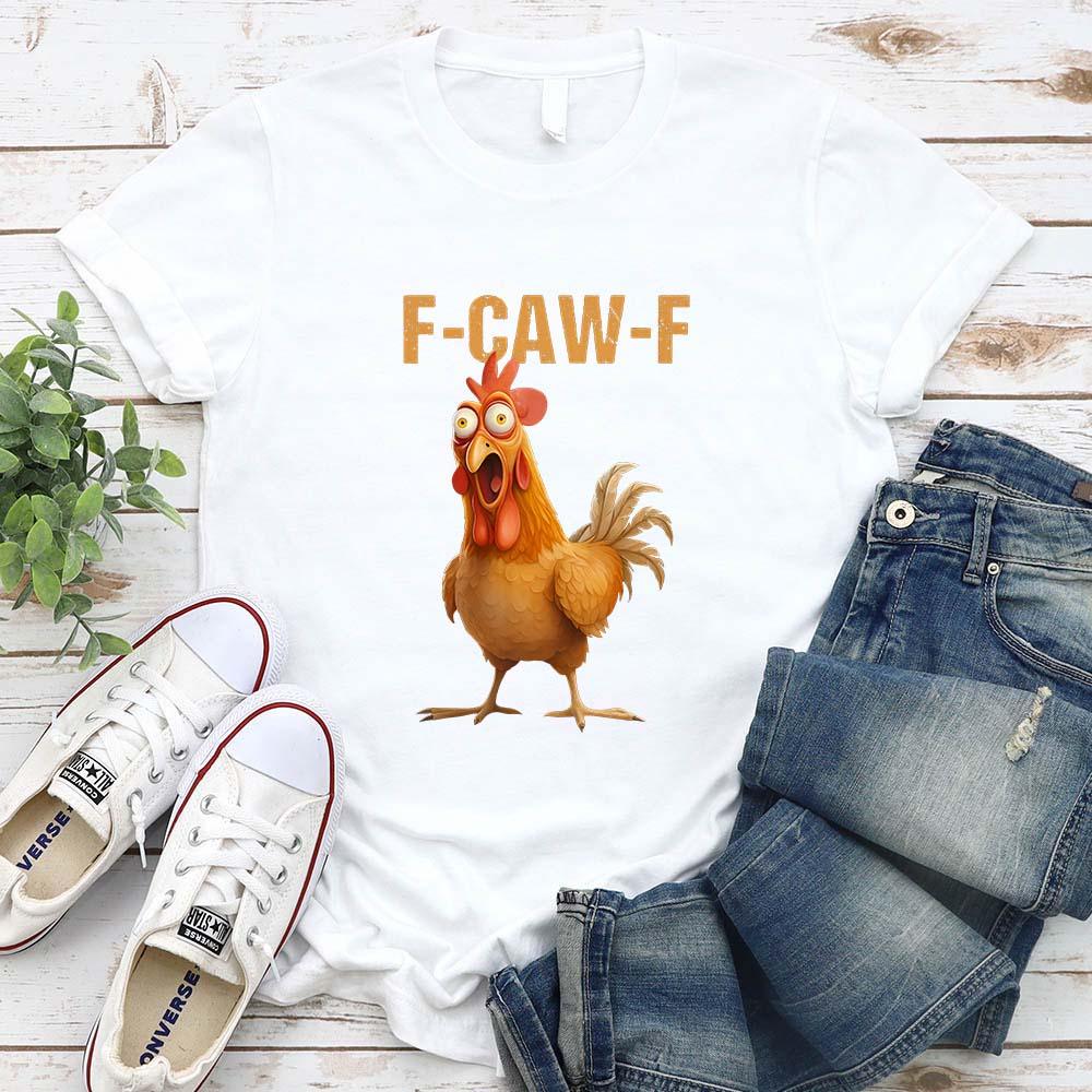 White unisex T-shirt with F-CAW-F text and colorful rooster graphic