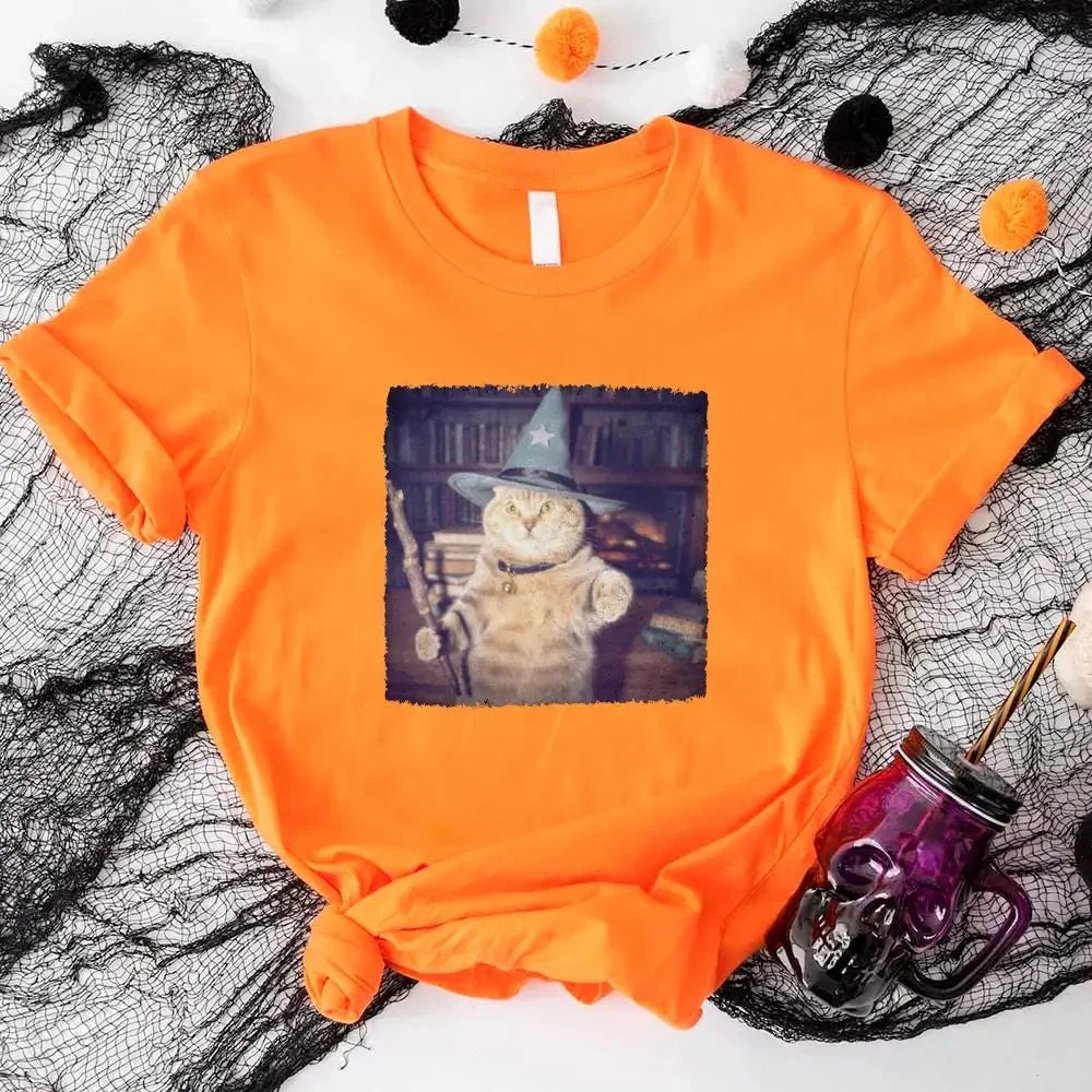 Bright orange Halloween cat graphic T-shirt with wizard hat cat artwork on front.