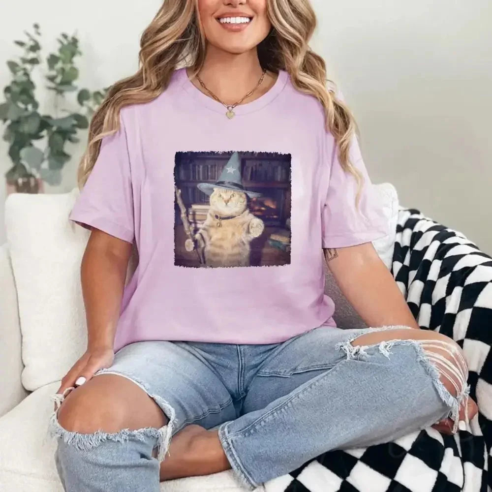 Light purple cat wizard graphic T-shirt with a square illustrated cat print on chest.