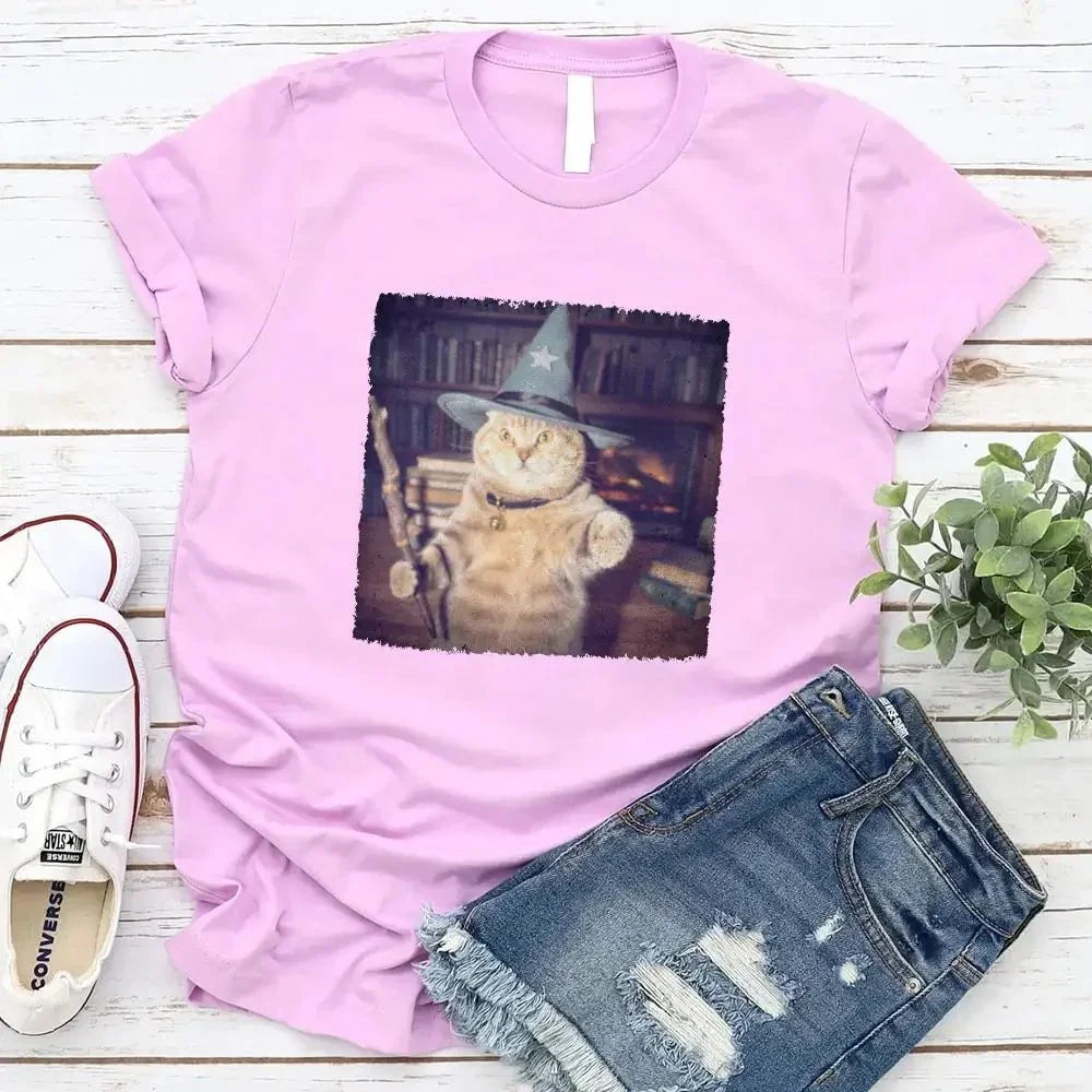 Lavender cat wizard graphic T-shirt with a square illustrated feline print on the front.