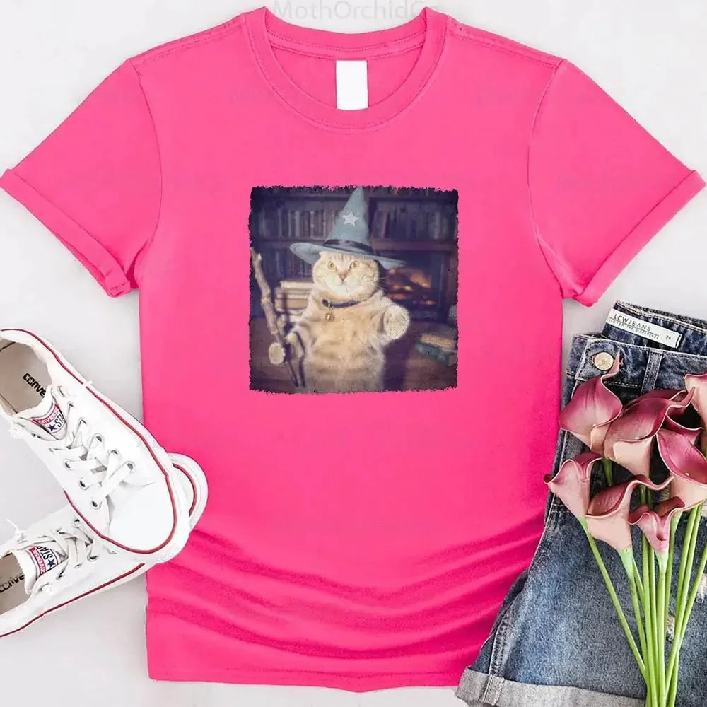 Pink wizard cat Halloween graphic T-shirt, cat with wizard hat square print