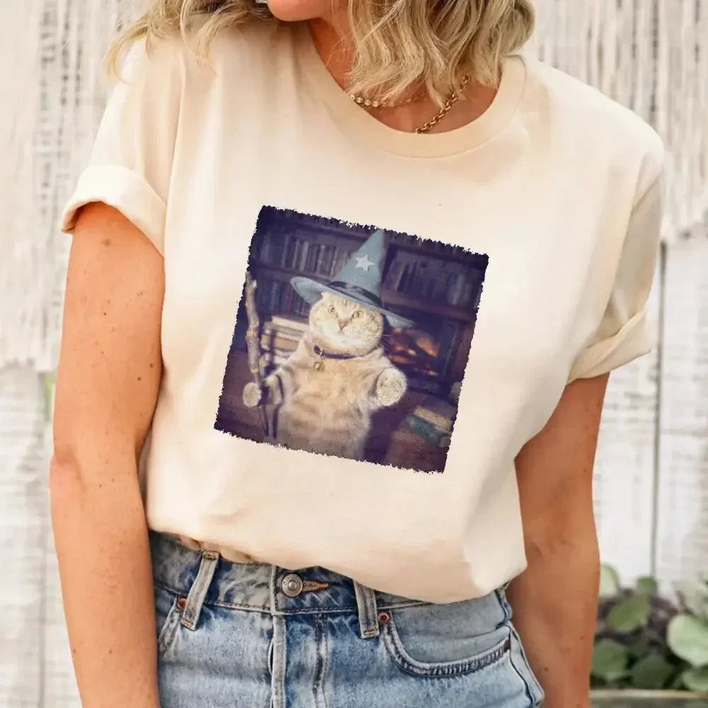 Cream wizard cat Halloween graphic T-shirt, cat in wizard hat square print