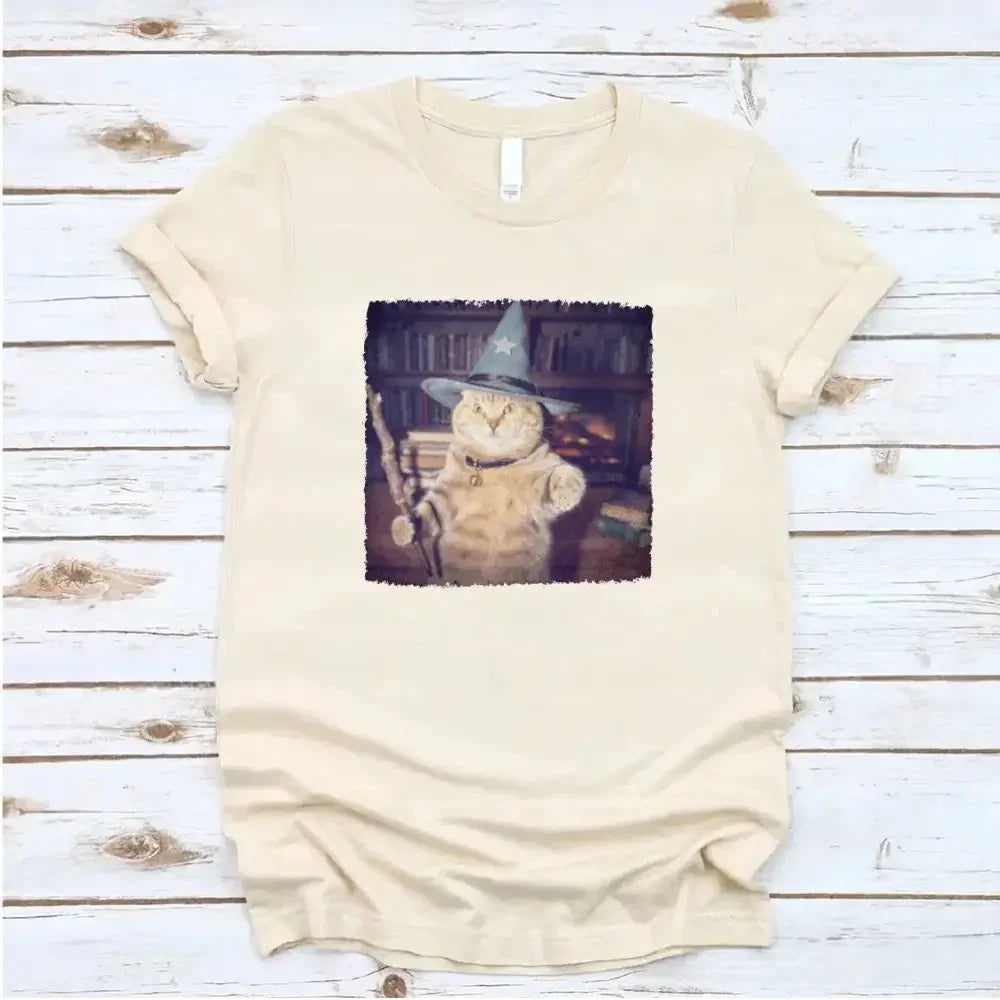 Cream wizard cat Halloween graphic T-shirt with cat wizard hat square graphic