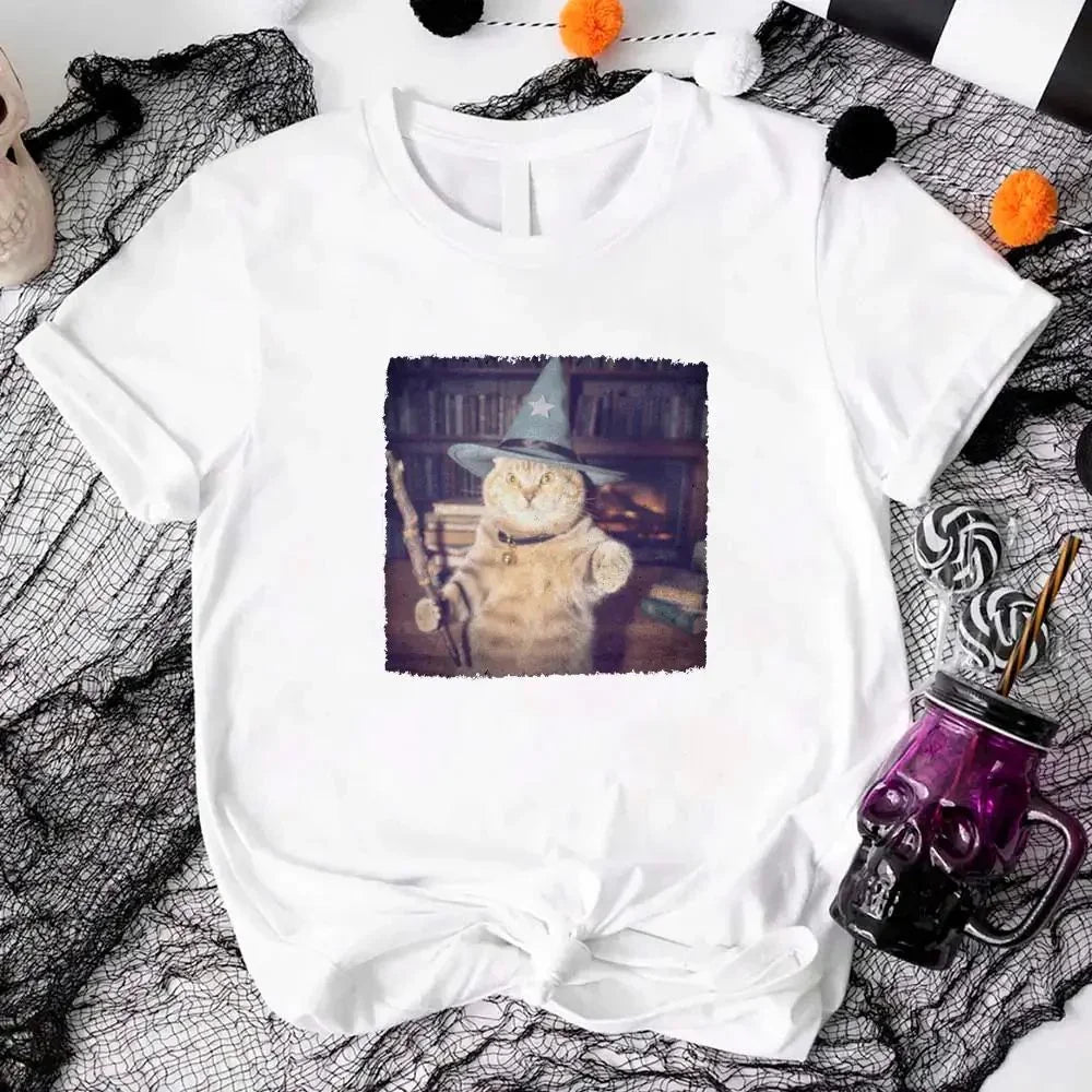 White Halloween cat graphic T-shirt with a wizard hat cat print on the chest.