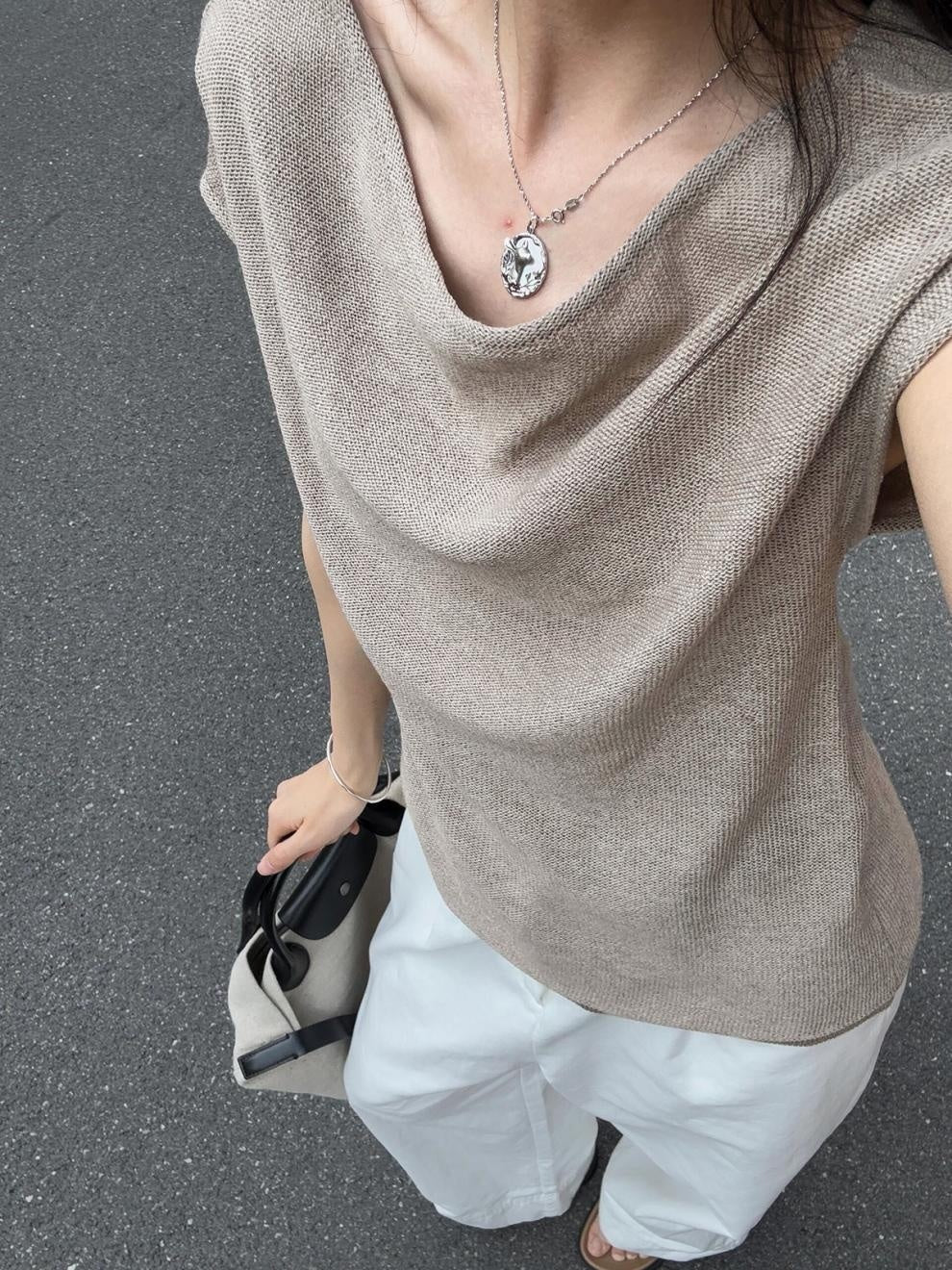 Women's Wool Linen Off-Shoulder Blouse - 3D Cut Short Sleeve Top