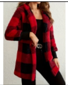 Red and black plaid knit cardigan with open front, long sleeves, and side pockets