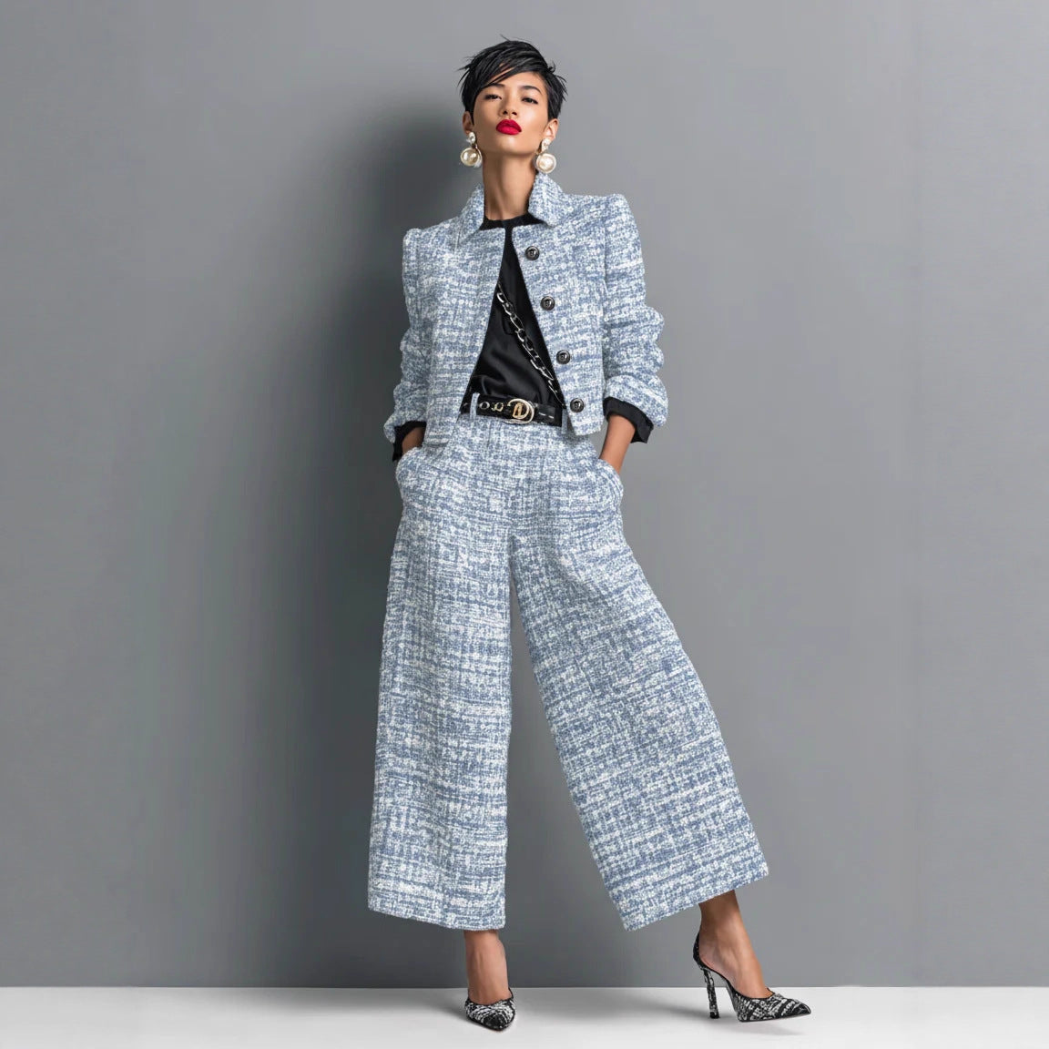 Women's light-blue tweed notched-lapel jacket and wide-leg pants set
