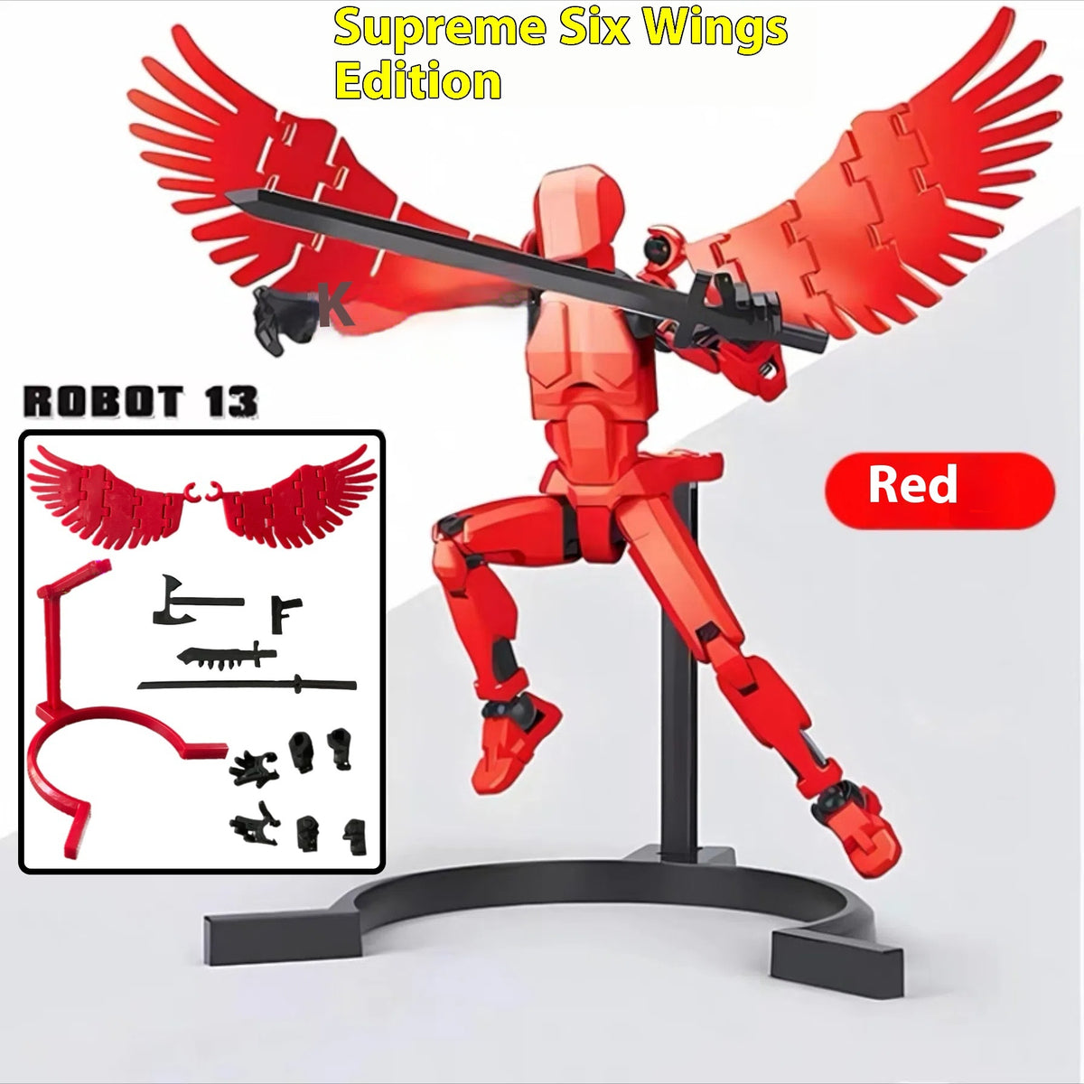 Red 3D printed robot action figure with upgraded dual wings and rifle on stand