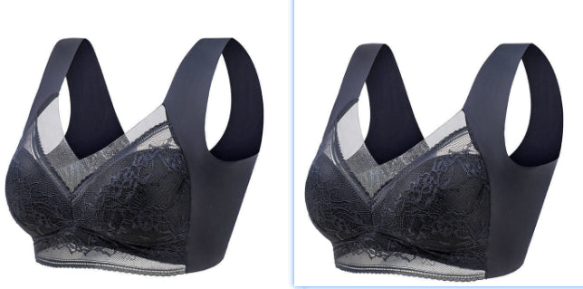 Two dark lace wireless push-up bras shown side by side, 3/4 cups.
