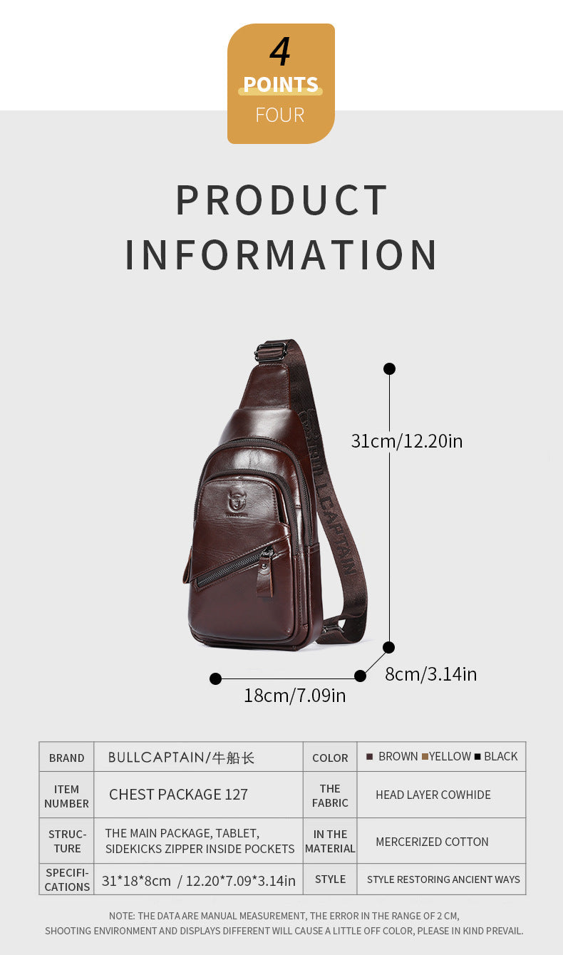 Bull Captain Genuine Leather Mens Shoulder Crossbody Bag Large Capacity First Layer Cowhide Breathable Waterproof