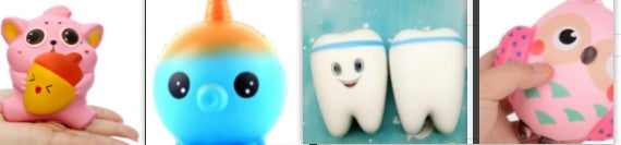 Assorted slow-rising squishy toys with cat, tooth, and character faces in bright colors