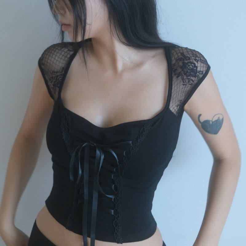 Pure Desire Style Lace Lace Up Short Hot Girl Top T-shirt