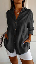 Women’s long-sleeve button-front cardigan shirt in black, V-neck lapels