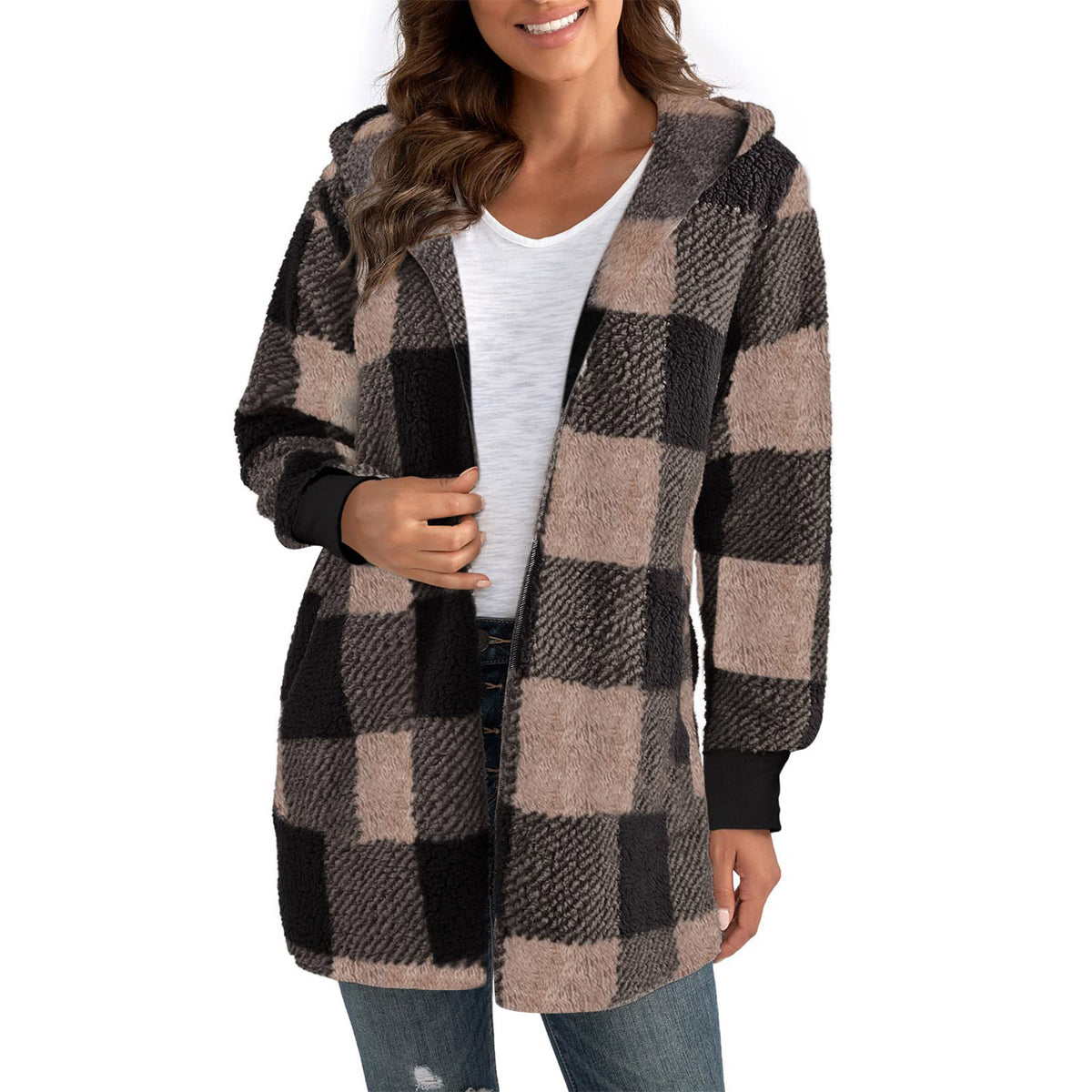 Black and beige plaid knit cardigan sweater with open front and long sleeves