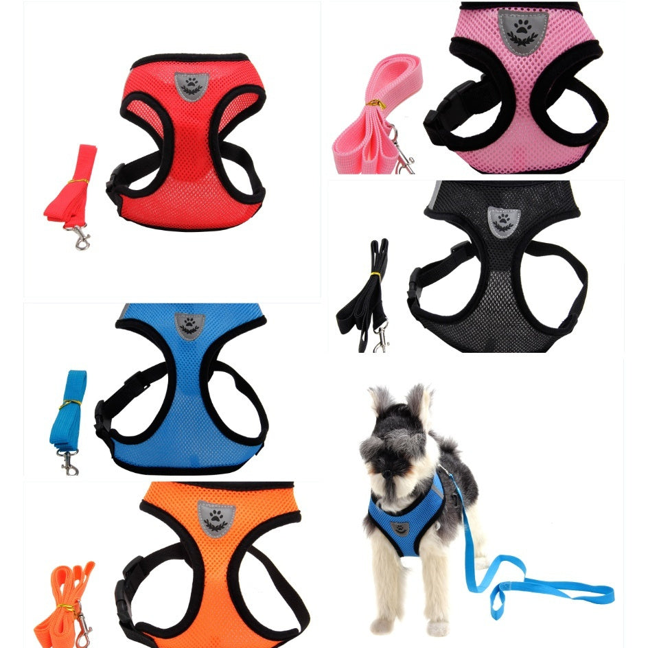 Assorted color dog mesh harnesses with built-in leash clips and black trim