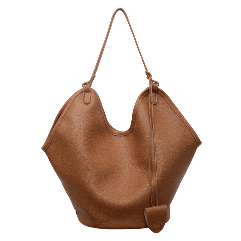 Women’s PU bucket tote bag with lychee-grain texture, tan color, dual shoulder handles
