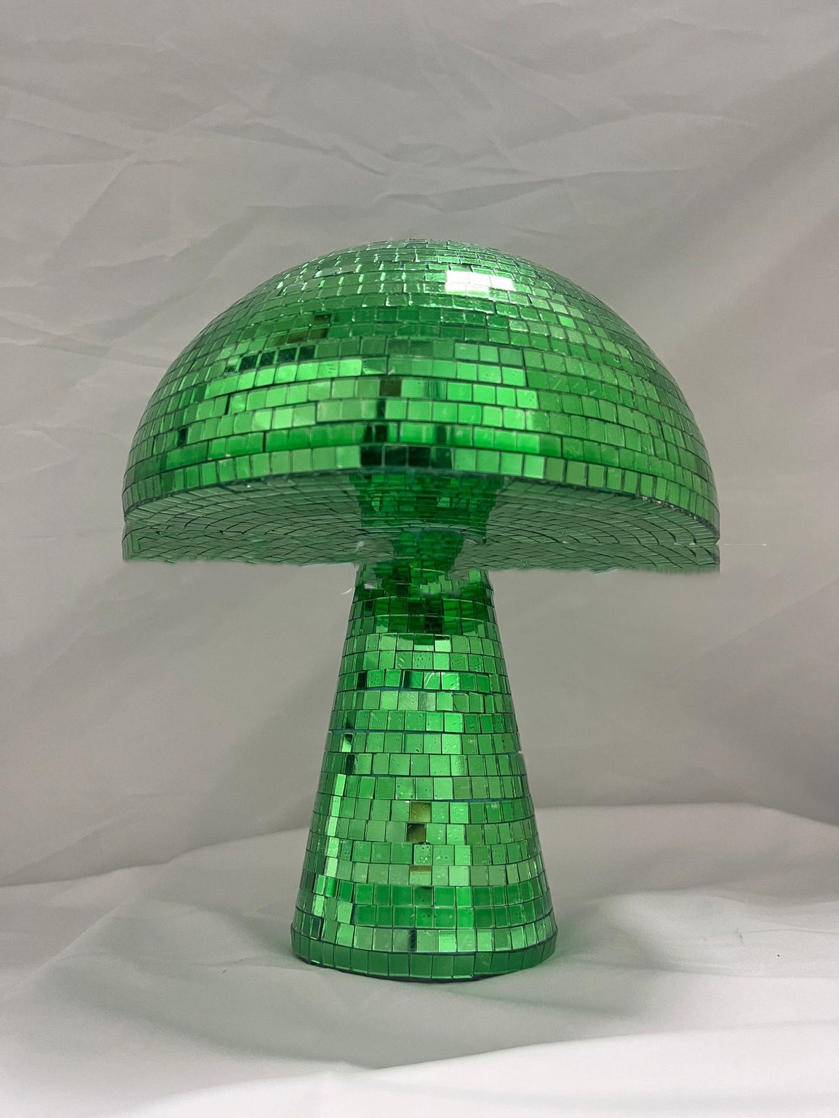 Green mirror-glass mushroom disco ball with reflective mosaic cap and stem