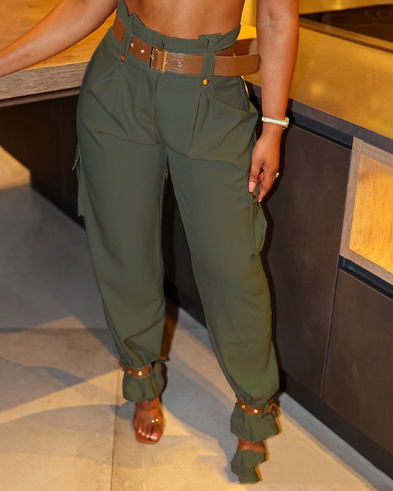 Army green wide-leg trousers with brown contrast belt and utility pockets