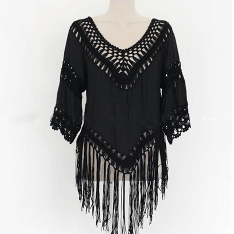 Women Half Sleeve Crochet Patchwork Knit Tassel Overskirt Beach Cover Up for Swimming and Wading