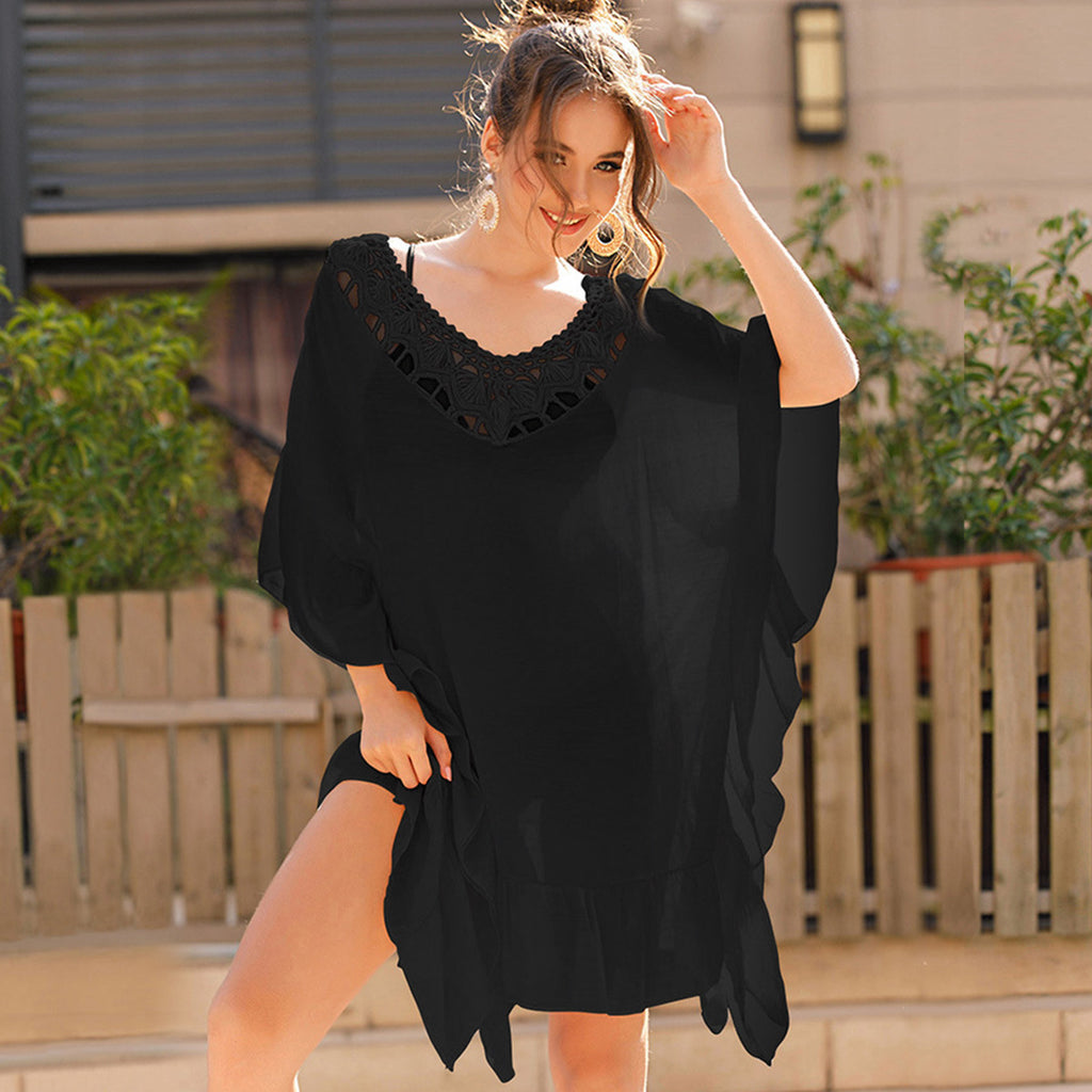 Black Polyester Beach Cover Up Tassel Square Overskirt Hand Crocheted Free Size Stitching