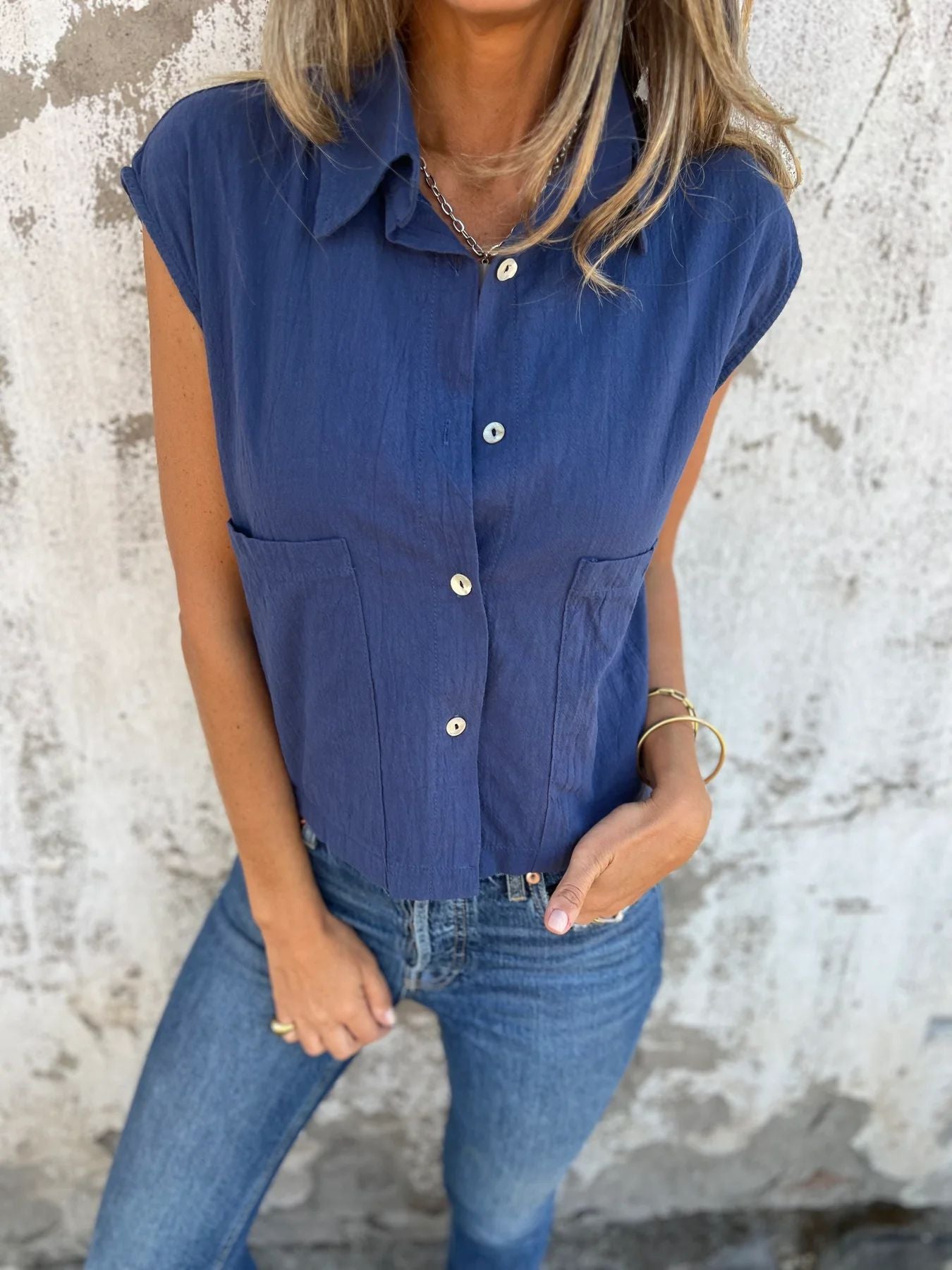 Women's Casual Cotton Linen Button-Up Shirt - Loose Fit with Pockets