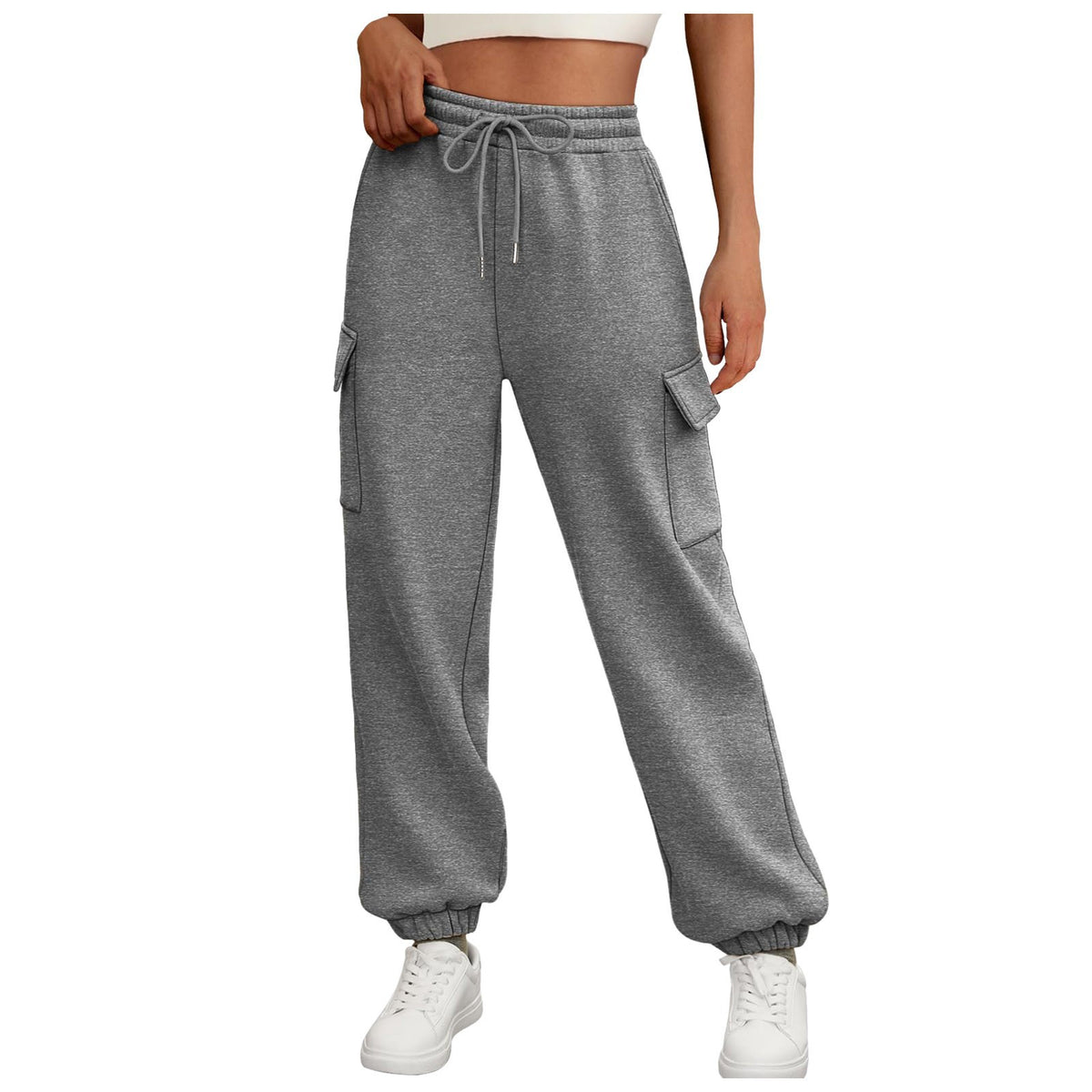 Women’s baggy cargo jogger sweatpants with drawstring waist, side pockets, charcoal gray