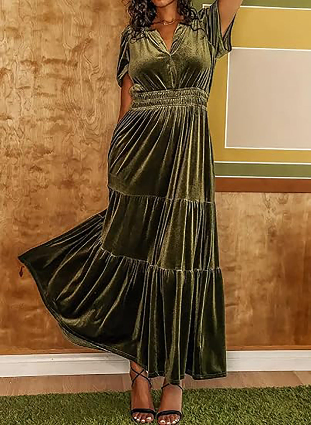 Olive green velvet tiered maxi dress with puff sleeves and gathered waist